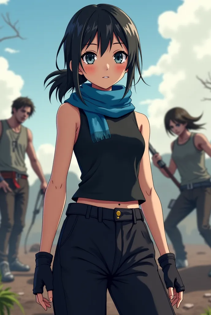 Anime girl with medium tanned skin, black shirt mullet hair, blue scarf, turtle neck black sleeveless tank top, black baggy pants, half finger gloves, and having some weapons in a zombie apocalyptic atmosphere 