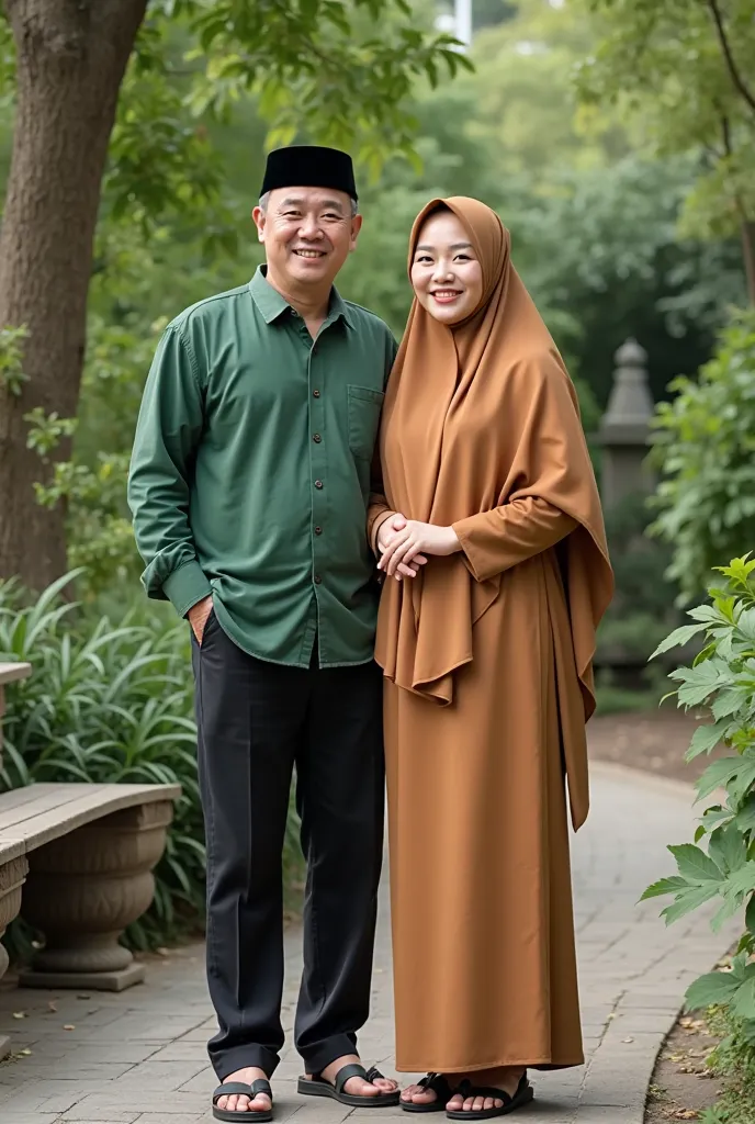 *"A man and a woman standing side by side in a green and beautiful garden. The man on the left side is about 30 years old, wearing a green coco shirt, combined with standard black material pants and sandals. He wore a black peci on his head. Her hair is sh...