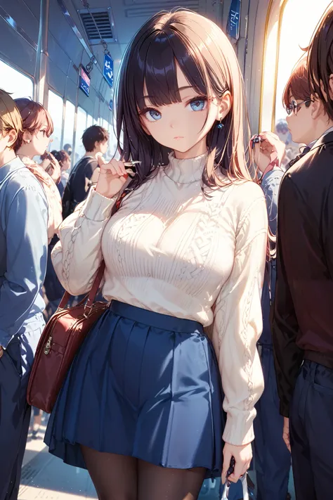 an adult woman in a blue white sweater, a black long skirt, and black pantyhose standing on a crowded train。An expressionless woman holding a strap with one hand。high quality、high quality、 realistic colors、large scissors。