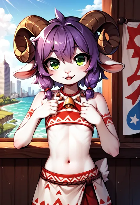 check_9, check_8_ upwards, check_7_ upwards, One,   white fur , adult ram, best quality ,  white skin, flat chest, lamb ears  , purple hair,  pigtail hair ,  hands behind , green eyes, sheep horns , very detailed illustration , fair skin, ( Anthropomorphic...