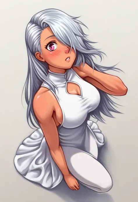 score_9, score_8_above, score_7_above, score_6_above, score_5_above, score_4_above, source_anime, focus only, White cloth with Fayela  ,  narrow eyes, Blush,  pink eyes ,  silver hair,  long hair, ( side hairstyle :1.2), {split side hair:1.2), (hair over o...