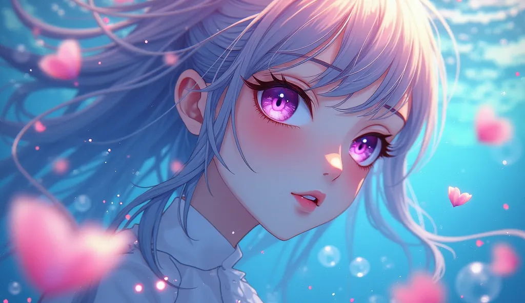 Watercolor, only main color is BLUE and PINK, fantasy, dreamy, petals and bubbles underwater, rainbow light, sunshine, an anime girl, a girl face underwater, face detail, big light pink purple eyes, hair detail floating underwater, Realistic water effects,...