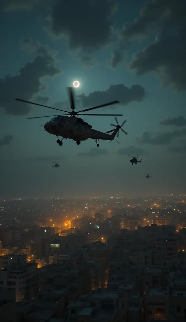  "realistic, cinematic, dramatic lighting, 4K, ultra-detailed, emotional expression" A night-time scene showing military helicopters hovering over the West Bank, illuminating the dark cityscape below.
