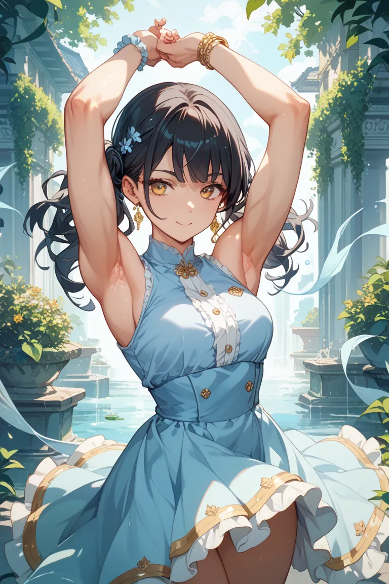 anime style、solo、Pretty Girl、high school girl、 muscular。long black hair and golden eyes（ gold）、There is a clean and calm atmosphere。

stretching scene。
 has a teasing expression 。
clothing：light blue sleeveless dress