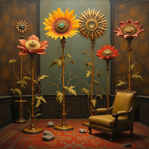 surreal and abstract painting of a mysterious ancient art deco room with different mechanical flowers made of old steampunk machinery, the flower stems are made of copper, the room walls have brown patterned tapestry, classic art, dreamy, surreal, photorea...