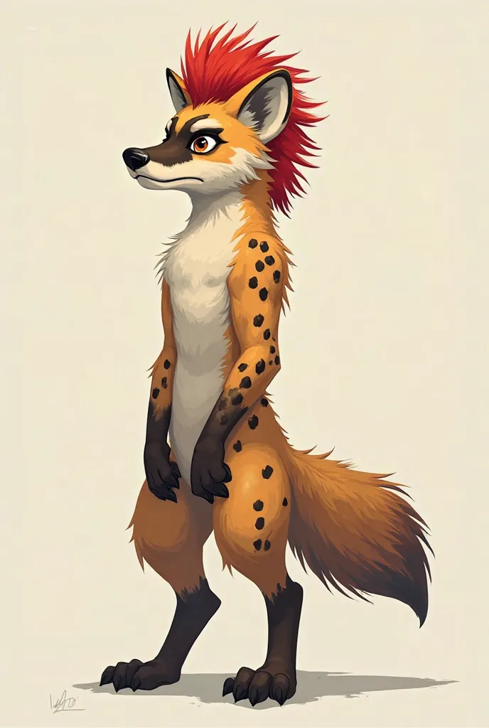 A spotted yeen fursona standing in an anthro form and as tall as an human and less muscular  furry 2d art
With da red hair in Mohawk style 