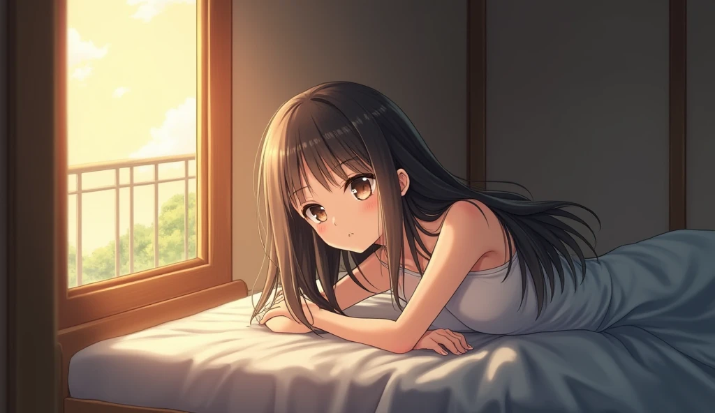  　　 long hair,  black hair, close your mouth,  character profile, high quality,  Japanese woman、Sleep slightly on the bed、shade、the morning sun shines thinly through the gap in the glass in the cupboard