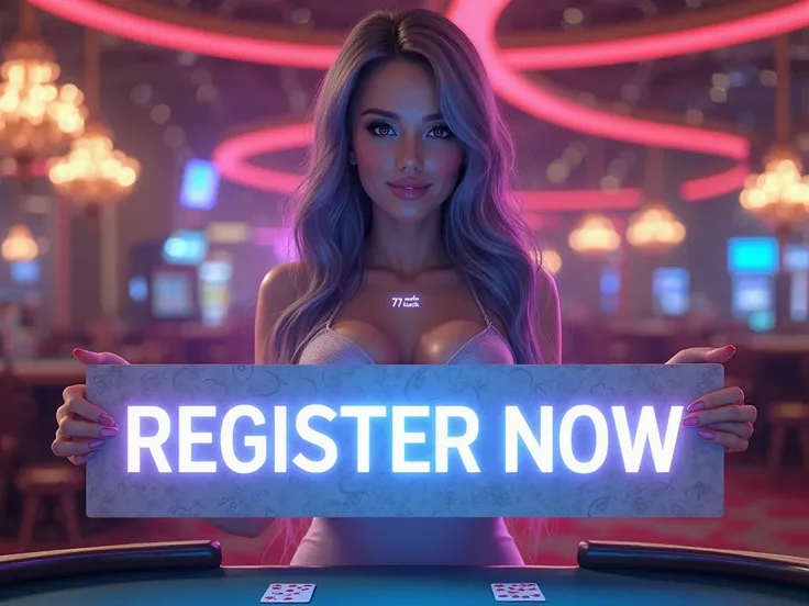 a group of gigantic breasts Holographic animated 3D Women holding a wide banner writing "77LUCK REGISTER NOW", close up with eyes and smile for you, 8K quality, look of seduction, casino background, futuristic, glowing hair, in a dazzling array of phosphor...