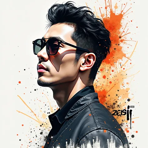 liquid ink painting，Ink Splashing,  Anna Dietman Style,hansome korean man，sunglasses, ink art, Side View,in style of Hip Hop fashion design  name zetsu written on the wall