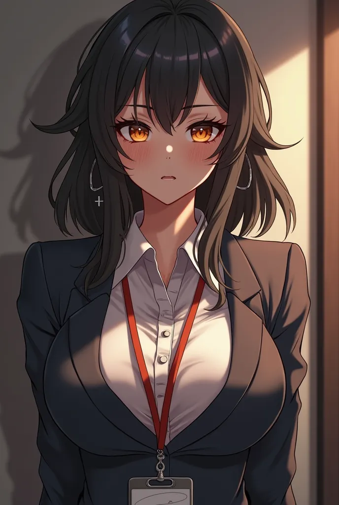  eyes half closed with a beautiful look, orange eyes, very pretty face, cute girl, Alone ,  Medium Hair, ((Black hair with brown tips)), very large breasts that look and stand out, tight office uniform, ID card,  pierced cross earrings , blush, anime,Curvy...