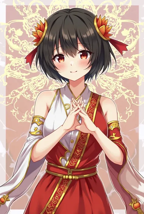 Lotus　天照大御god　 red and white costume 　 short hair　  Golden Decorations 　god々Shii　  black hair　 No Exposed Skin 　Powerful　 put your hands together in front of your chest　背面にgod々Shii太陽　Similar to Ryoko Hirosue