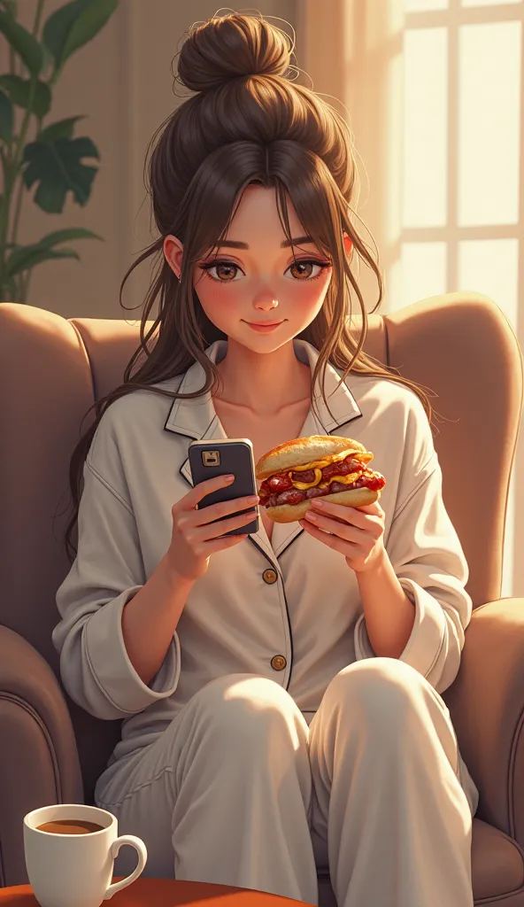 A young Gemini woman with almond-shaped eyes and long, straight, light brown hair styled in a messy top bun. She has a youthful appearance and is wearing cozy pajamas. She’s sitting on a large single chair, holding a phone in one hand while scrolling throu...