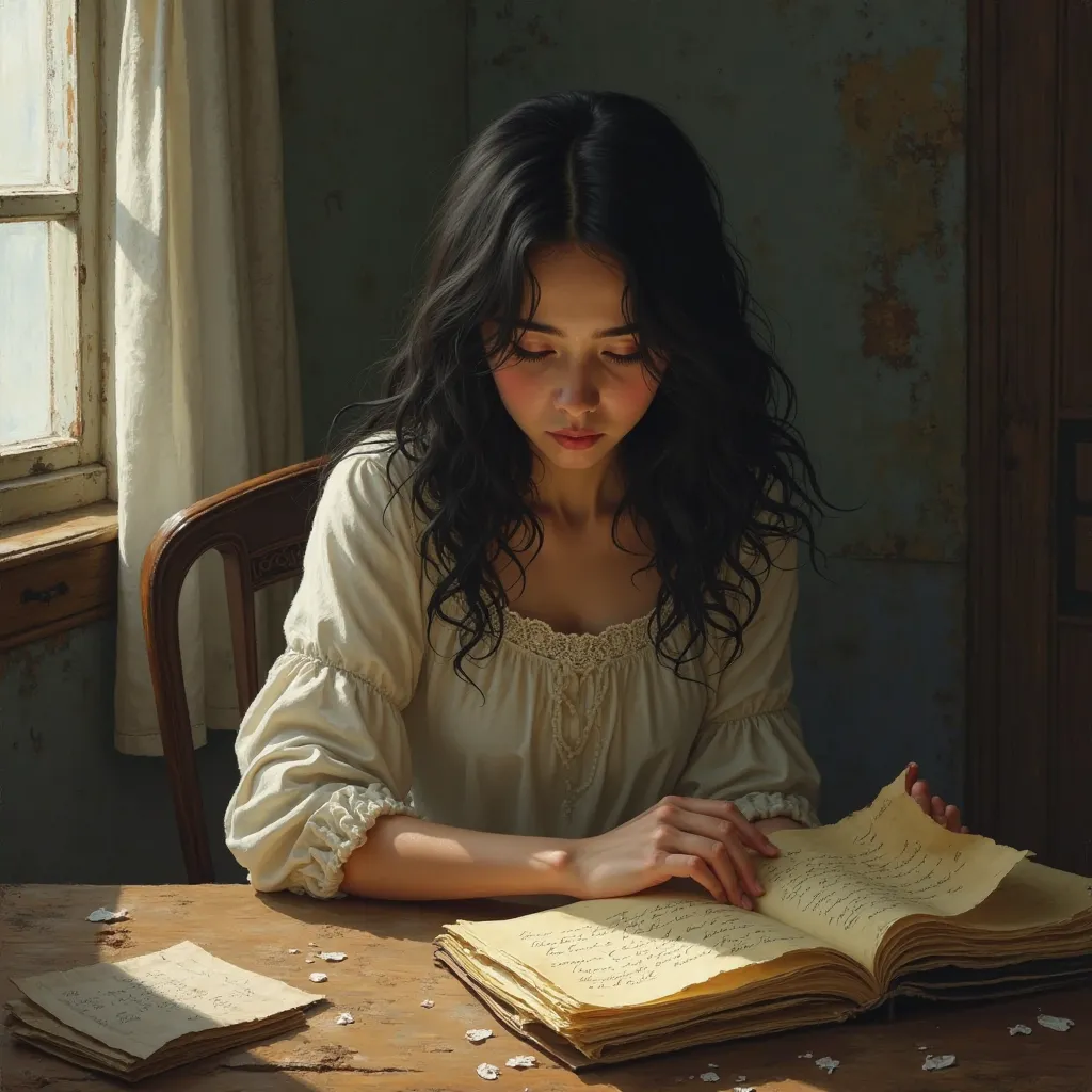 A woman with dark hair sitting at a table reading old letters, crying