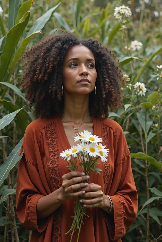 Brazilian woman in the midst of plants. She is in communion with nature and her ancestry. She wears earth-toned red clothes and holds chamomile flowers in her hands. The environment is ethereal and mystical, showing connection with nature