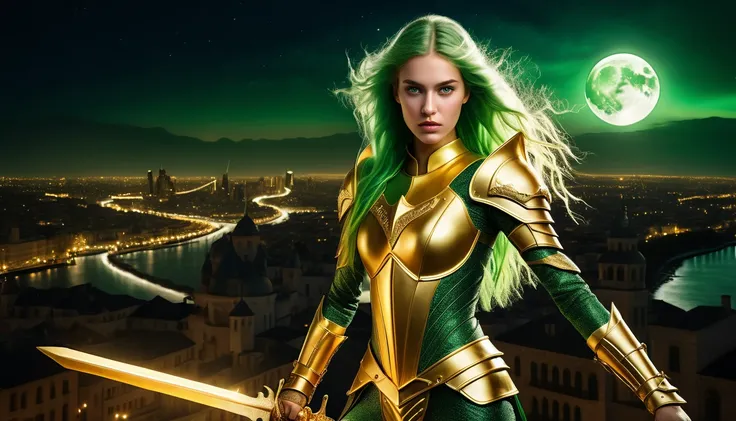 (Masterpiece, 4k resolution, ultra-realistic, very detailed), (Theme of knights of the zodiac, charismatic, there is a girl at the top of the city, wearing a golden gold armor Sagittarius knight, she is a superhero), [ ((20 years), (long green hair:1.2), f...