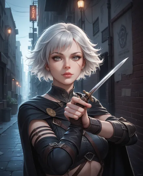 A girl with short white hair, gray eyes, scars and a dagger