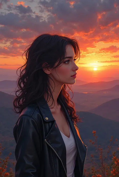  young woman of 26 years old , dark brown hair,  Hazelnut Eyes,  black leather jacket ,  Top blanco,  watching the sunset, illustrated image.