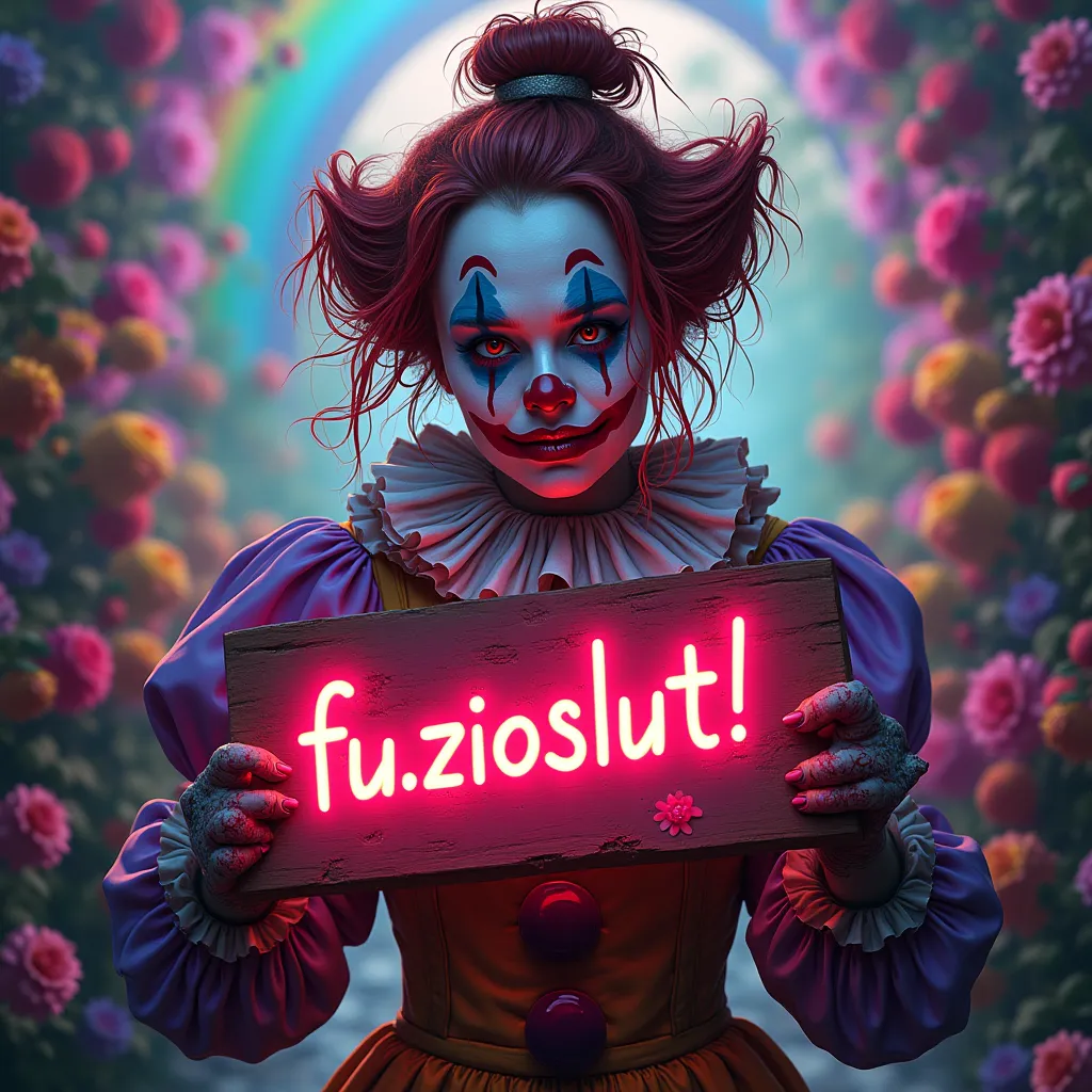 Pathetic female clown, sad, smirking, criticized, holding a neon sign with text "F.U.ZIOSLUT !" in pink colours with rainbow colour flowers background