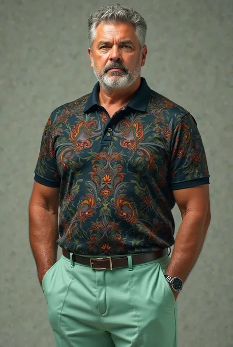 Man with dark fully covered printed polo shirt with pastel green pants