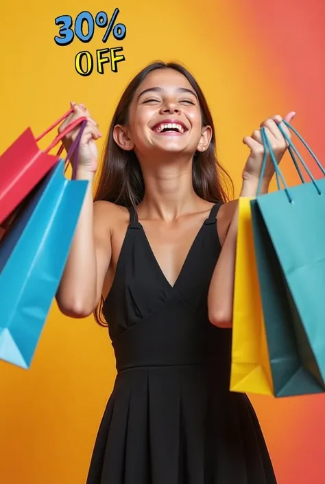 Create an image of a banner featuring a cheerful young girl wearing a stylish black dress. She is happily holding several shopping bags in her hands, with a lively and excited expression. The setting should be bright and inviting, with the focus on her joy...