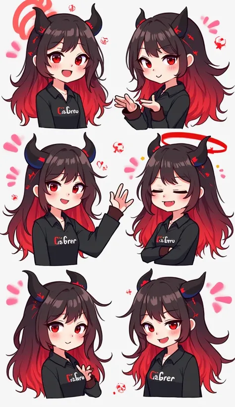 I would like, that you create for me a set of personalized emojis for Twitch with the following features: Character : A Vtuber with an anime Character silent . from: red female Demonangel, long and slightly messy design with soft waves . fuchsohr: red blac...