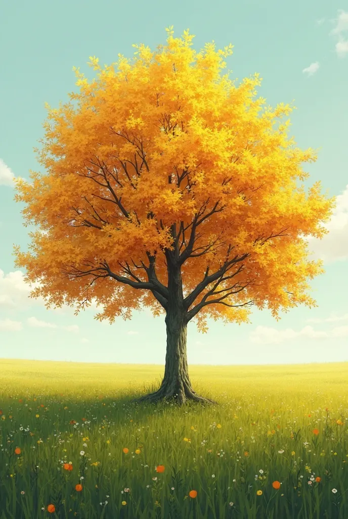 A  beautiful yellow leaves tree alone Standing in green plane field view at some distance 