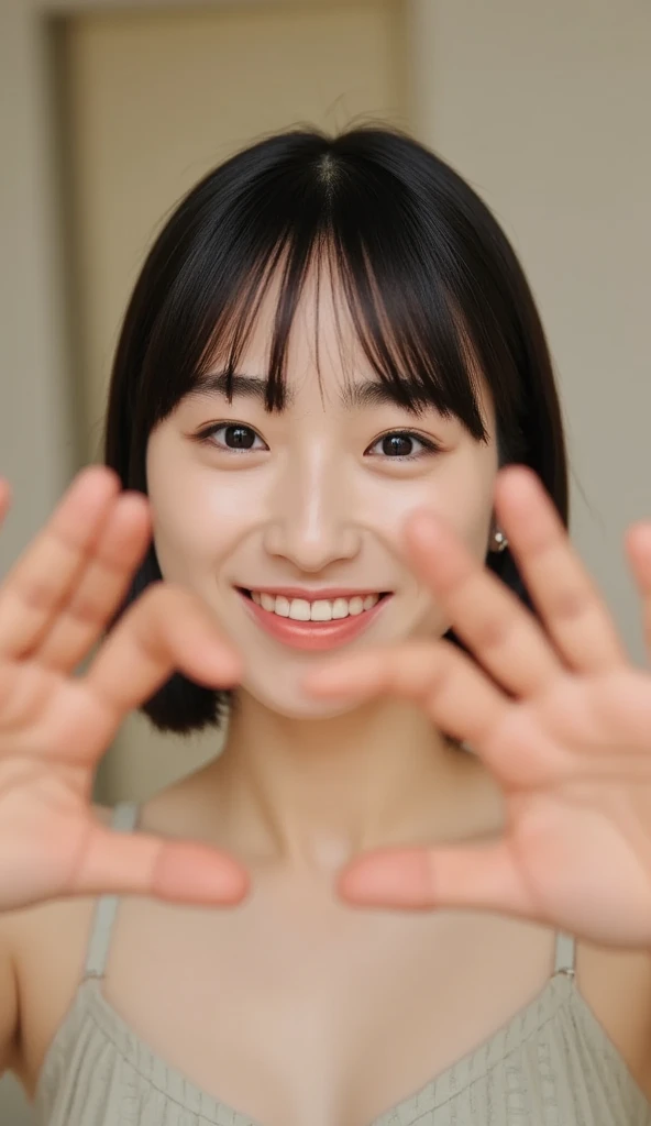 She wears a camisole, makes a heart shape with both hands, and poses in front of her chest, Close-up shot of winking and smiling