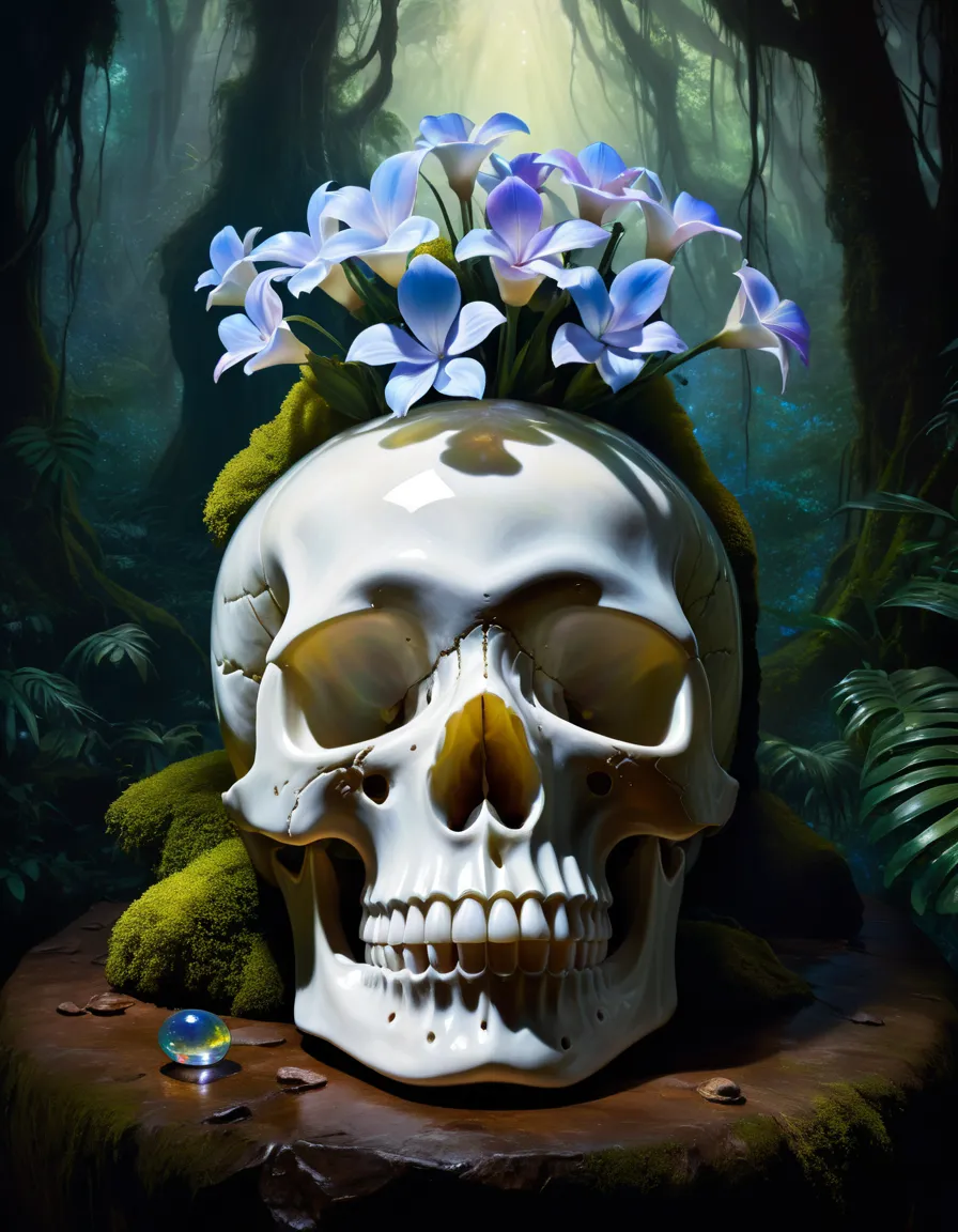 A macabre still life of ral-opal flowers arranged in a crystal skull, Ral-opal expanded scenery, forest in Volta Portal in Cachoeira Aberta