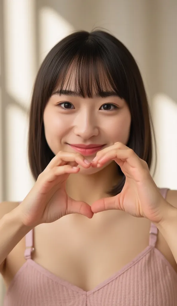 She wears a camisole, makes a heart shape with both hands, and poses in front of her chest, Close-up shot of winking and smiling