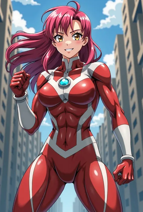  My Hero Academia Style , Anime girl, female, young female,muscular female,Full Body Shot,(fighting Pose:2),Long hair, Red Hair,  Brown Eyes,Hero Suit, Full Body Suit, red suit with white details,small round blue jewel in the center of the chest, perfect a...