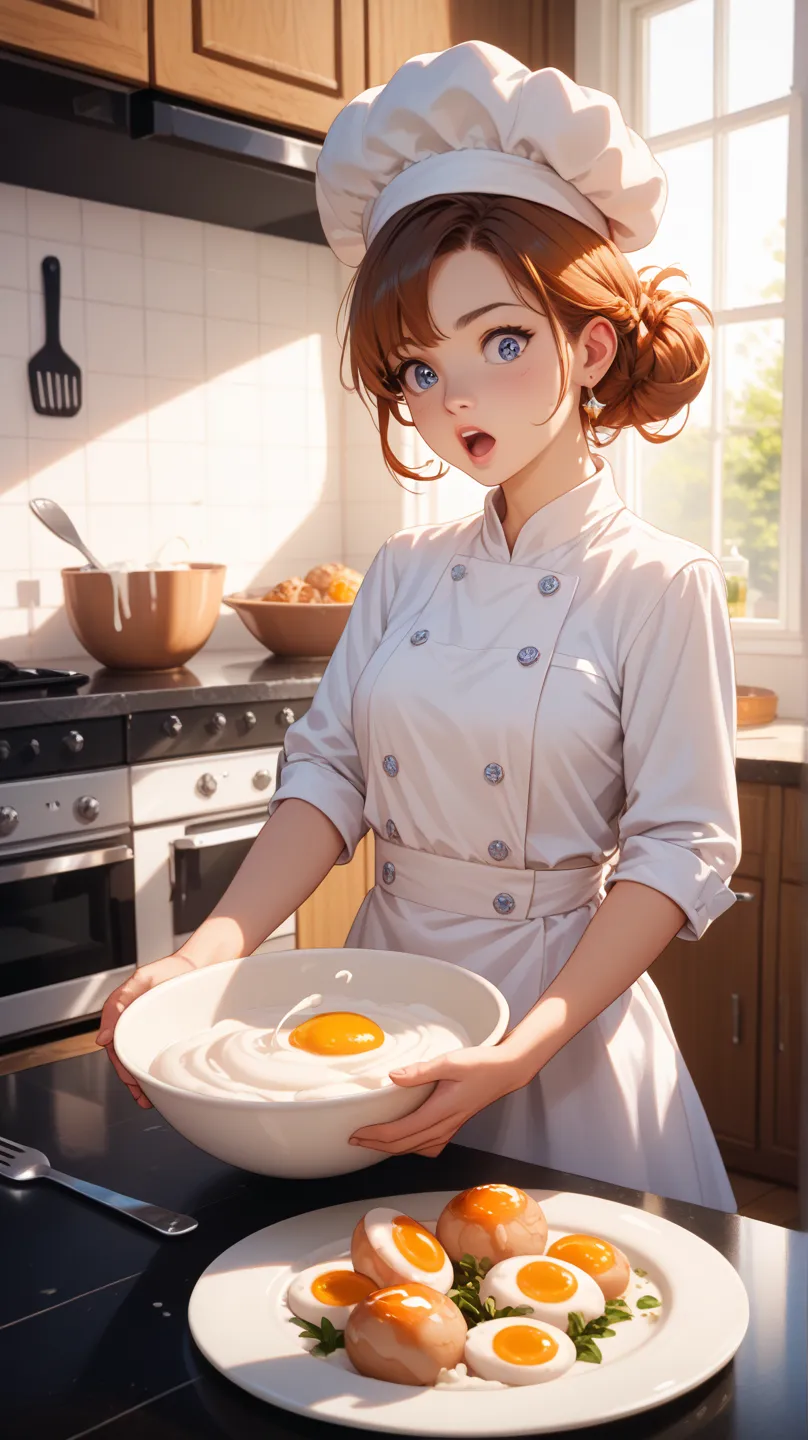 A playful cat in a chef outfit trying to crack an egg over a mixing bowl. One egg is mid-air about to fall, while the cat looks surprised with wide eyes. Flour dust floating around. Bright kitchen setting with colorful utensils. High-detail, photorealistic...