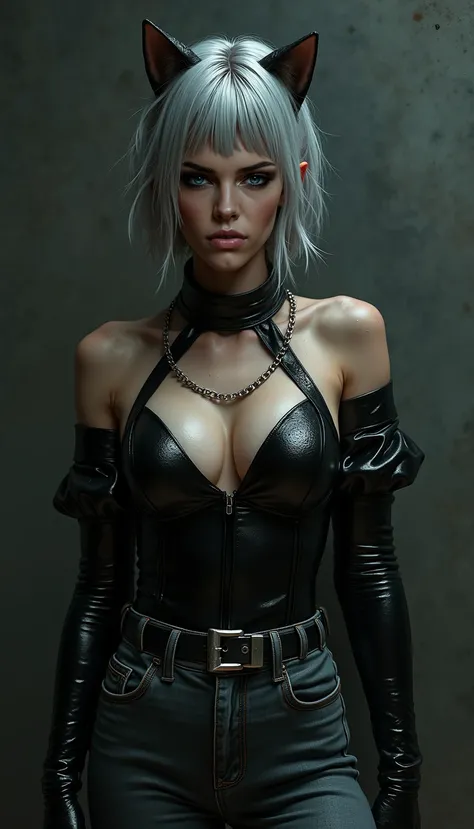 (realistic,photorealistic:1.37),soaked spanked cat woman,jeans,turtleneck,fetish,sweat,hard breath,freckles,dark rooming,silver chains,submissive expression,red lips,muted colors,low key lighting,subtle shadows,gritty texture,short silver hair,teary eyes,d...