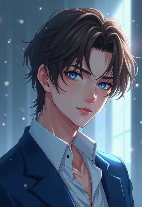 create an ultra-realistic anime-style image Boys Love, by actor Garpard Uliiel, with shoulder-length brown hair and deep blue eyes, a light and seductive smile, wearing an elegant suit in blue tones,  perfect skin, age 20 years, masculine and sensual beaut...