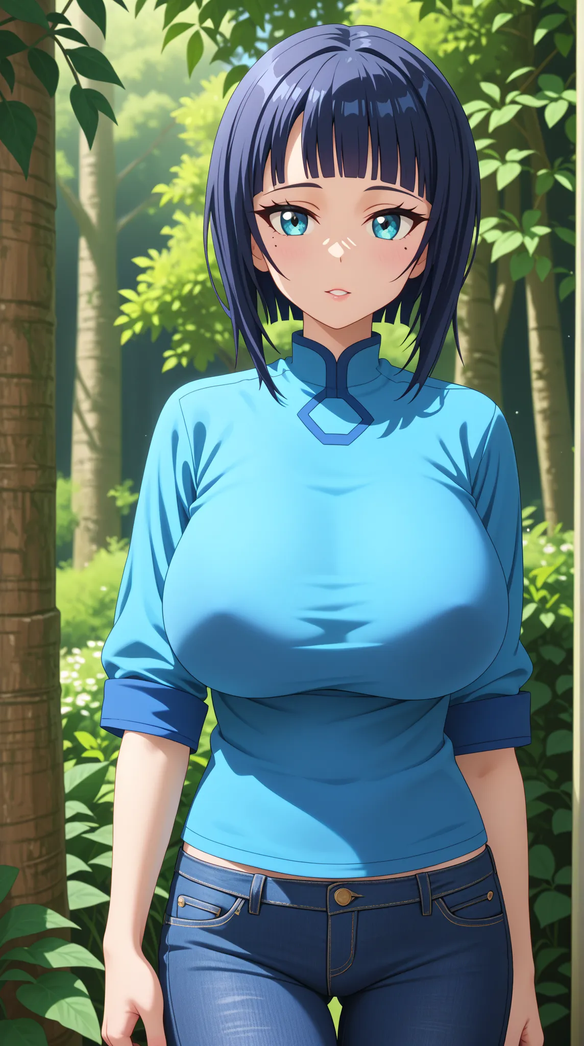 (UHD, retina, masterpiece, accurate, anatomically correct, super detail, high details,   highres, 1080P, 16k、high detail RAW color art:1.3)、 (sachi:1.3)、(short hair,  blue eyes, dark hair, mole, mole under eye, bangs, blunt bangs:1.3)、(very gigantic breast...