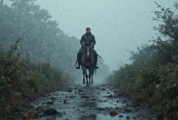  Tearing rain an angry soldier a pretty soaked horse, puddles of water, bushes. Best Quality, High Details, 