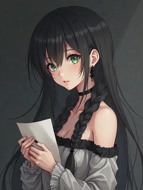 An anime-style girl with long black hair and green eyes, wearing an off-the-shoulder top, holding a piece of paper in her hand, against a dark gray background, with pale white skin, a light smile, wearing black , black earrings, and a waist-length braid