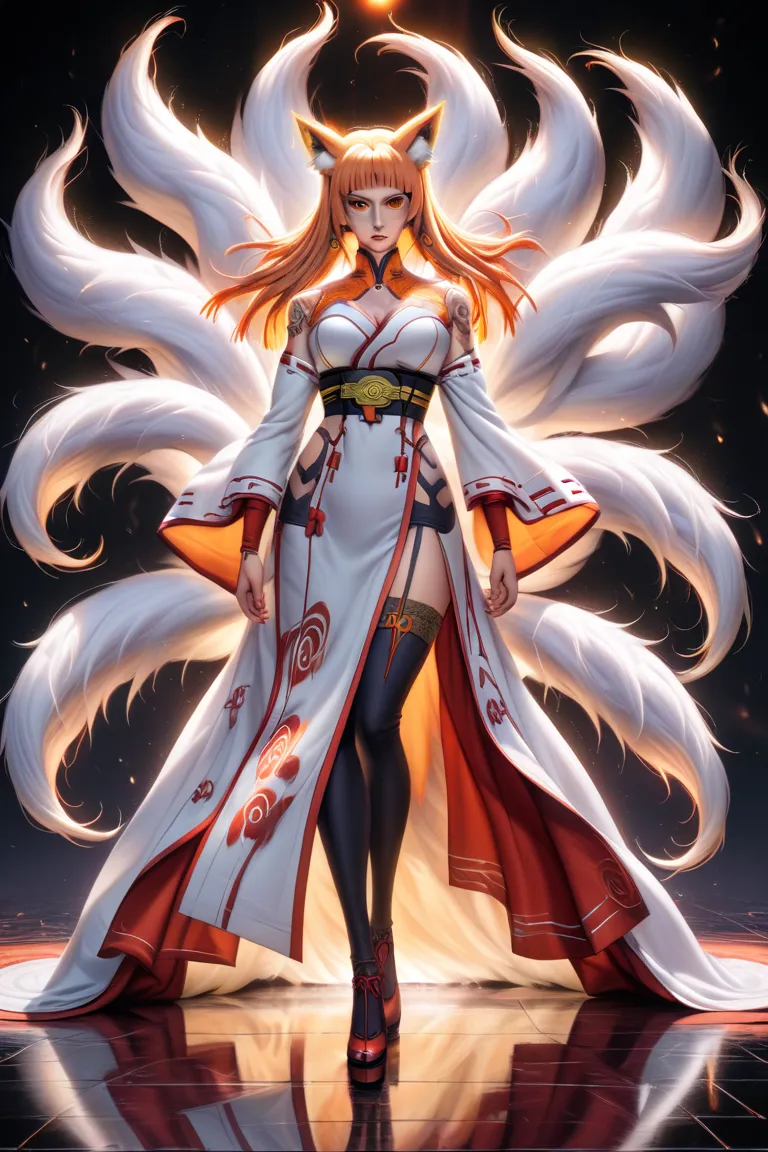 REALISTIC VISION 1.4, BETTER VAE,sharp focus, ultra detail, 32k,realistic photo, intricate details, (kitsune:1.4) , blond hair, (blond hair), orange eyes, intricate details ,woman, nine tails, intricate details,intricate details,big , Voluptuous body, intr...