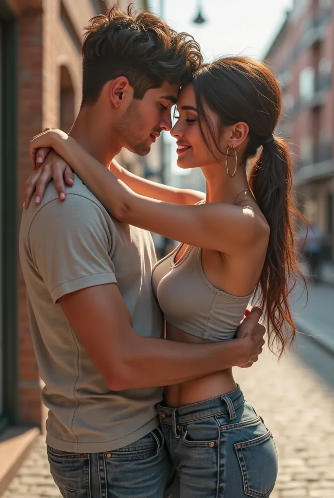 girl wearing crop top and tight jeans hugging her boyfriend