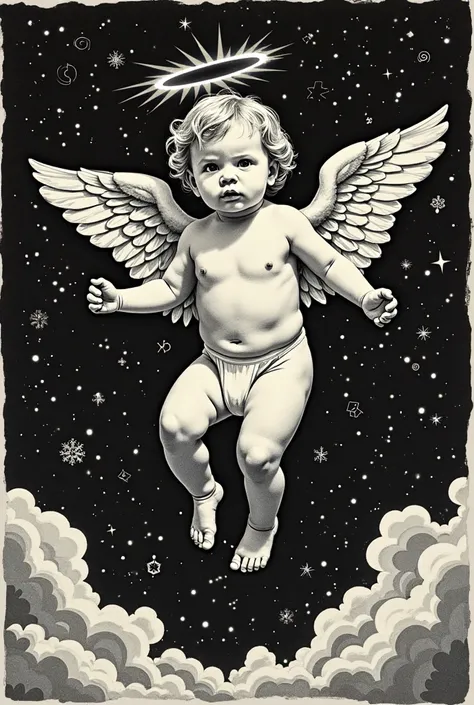 inspired by Andrew Warhola//silkscreen art//Contemporary Art//psychedelic//Jesus Christ's cross// monotone//Black and White//background/STARDUST/Baby angel flying//Angel ring on baby angel head//