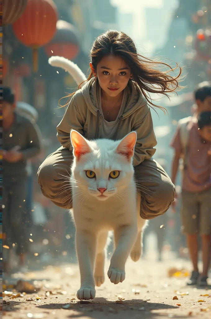 I want to create 1 Vietnamese asian girl 22 years old beautiful girl,ruddy skin,riding 1 moon colored cat,cat running hustle,blurry scene virtual blur 2 sides with multiple people looking at girl,ckn cat running in the market