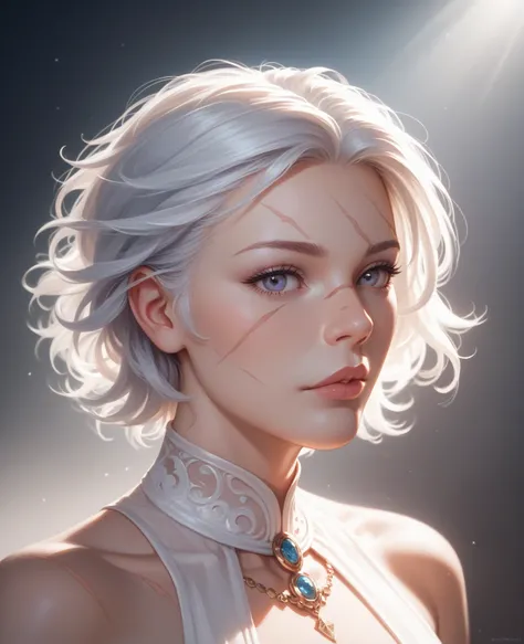 A beautiful girl with short white hair, gray eyes and scars 