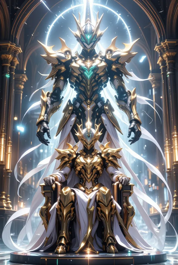 "Epic throne room scene, Emperor in ornate golden armor seated on biomechanical throne, massive EVA Unit-01 inspired mecha with Warframe exoskeleton elements emerging from quantum storm backdrop, intricate cybernetic details by Masamune Shirow, neon-lit ho...