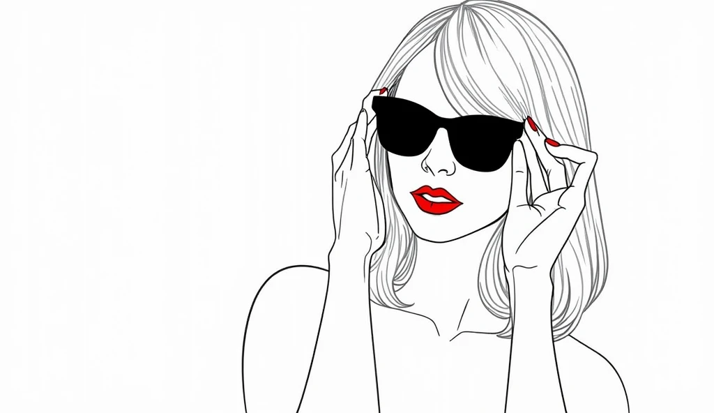 A stylized line drawing of a taylor swift with medium-length hair, wearing large black sunglasses and bright red lipstick. She is adjusting the sunglasses with one hand in a confident manner, while giving a bold and stylish expression. The drawing is minim...