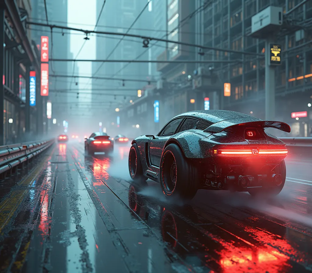 Concept art stil, cyberpunk highway, moving cyber motorcycles and cars, Gray, dark, Neon lights, Night