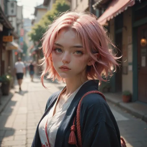 A japanese girl. Pink hair .