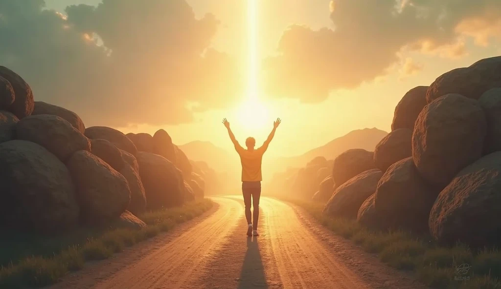 
"Create a powerful, inspirational thumbnail for a YouTube video with the theme 'God Has Out of Your Way Difficulties'. On the left, show a person in prayer or a meditative stance, with their hands raised towards the sky, surrounded by soft golden light, s...