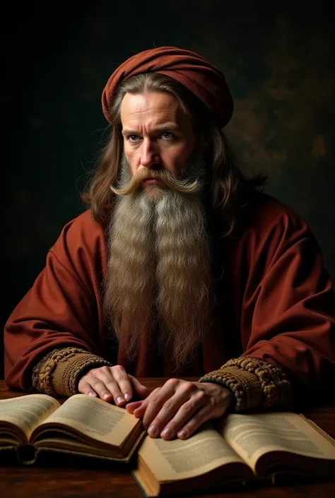 
"Create an image of a wise Renaissance scholar with a long, flowing beard that exudes wisdom and knowledge. The scholar should be depicted in a contemplative pose, surrounded by ancient books and scrolls. The background should be dark and atmospheric, enh...