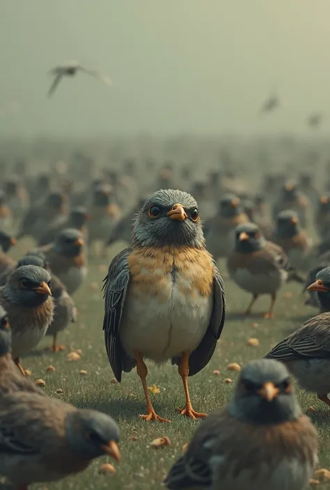 This bird sad in between a flock of birds searching for food 