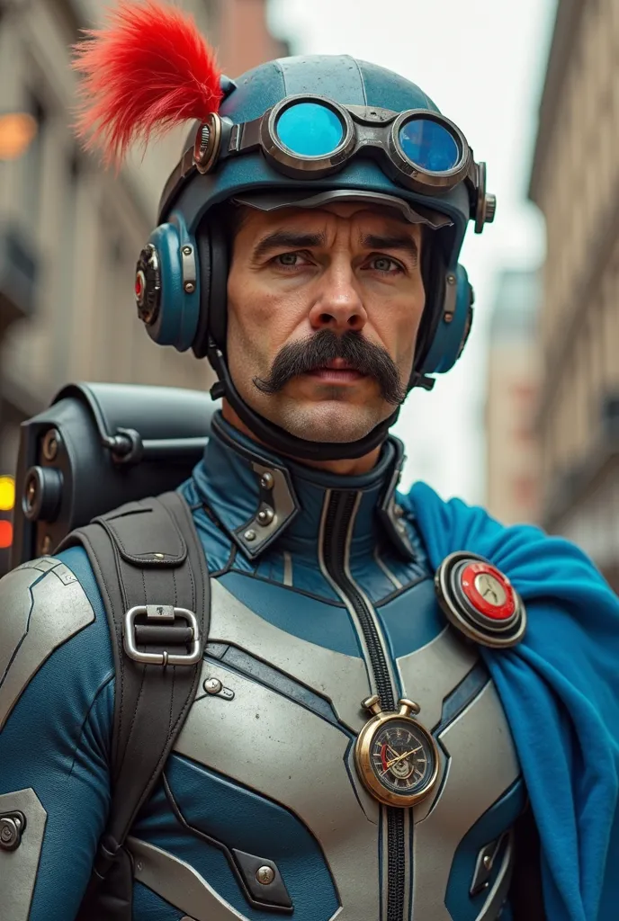 Homme à moustaches avec un chapeau de mousquetaires avec une plume rouge, avec un fusil futuriste, avec un jet-pack, avec une mini cape bleue sur l'épaule et avec une tenue bleue et grise avec un symbole d'horloge.