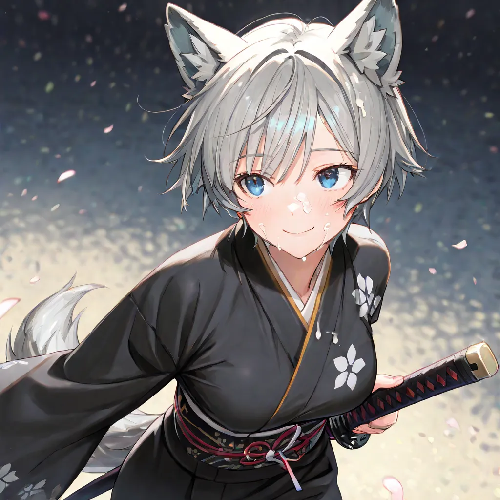 ((masterpiece)), (( Highest quality)), (( High Resolution)), 、8k、((   Detailed Description  )),  1 adult female in her 20s(  wolf ear、gray hair、 shortcuts、 short hair 、 straight 、 blue eyes、 wolf tail 、cute、、medium breasts)、((、、 black kimono、smile、 stares、...